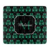 Emerald Green Sparkle Kleeblatt Black Monogram Schneidebrett (Vorderseite)