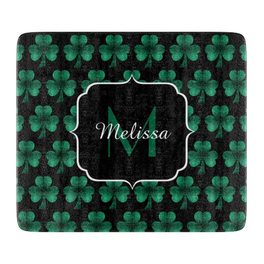 Emerald Green Sparkle Kleeblatt Black Monogram Schneidebrett (Vorderseite)