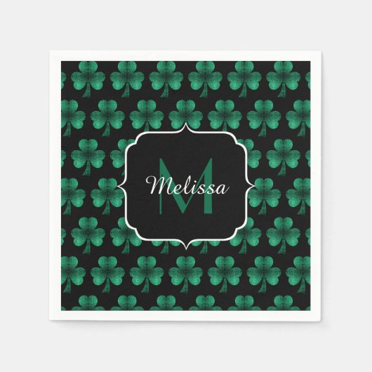 Emerald Green Sparkle Kleeblatt Black Monogram Serviette (Vorderseite)