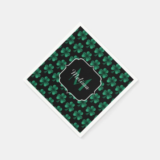 Emerald Green Sparkle Kleeblatt Black Monogram Serviette (Ecke)