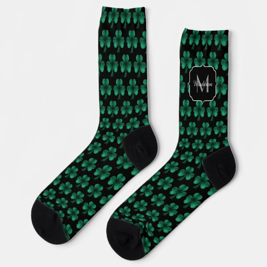 Emerald Green Sparkle Kleeblatt Black Monogram Socken (Linkes Detail)