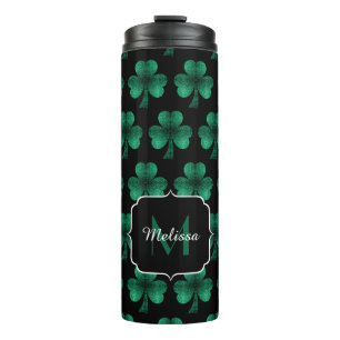 Emerald Green Sparkle Kleeblatt Black Monogram Thermosbecher