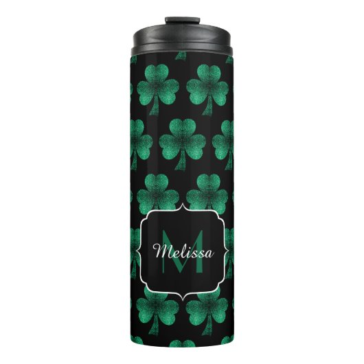 Emerald Green Sparkle Kleeblatt Black Monogram Thermosbecher (Vorderseite)