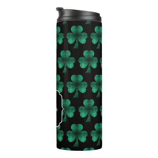 Emerald Green Sparkle Kleeblatt Black Monogram Thermosbecher (Nach rechts gedreht)