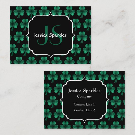 Emerald Green Sparkle Kleeblatt Black Monogram Visitenkarte (Vorne/Hinten)