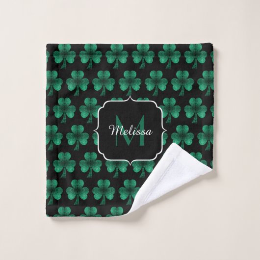 Emerald Green Sparkle Kleeblatt Black Monogram Waschlappen (Waschlappen)