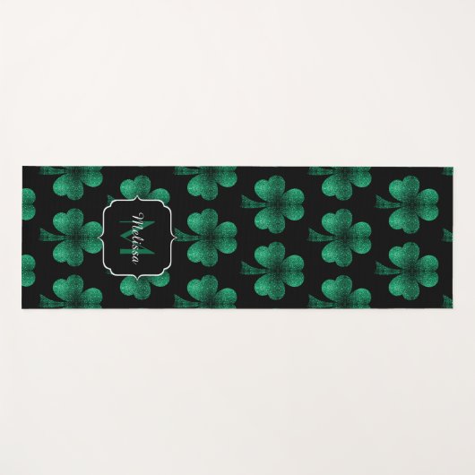 Emerald Green Sparkle Kleeblatt Black Monogram Yogamatte (Vorderseite (Horizontal))