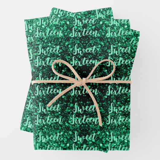 Emerald Green sparkles Sweet 16 script pattern Geschenkpapier Set (Beispiel)