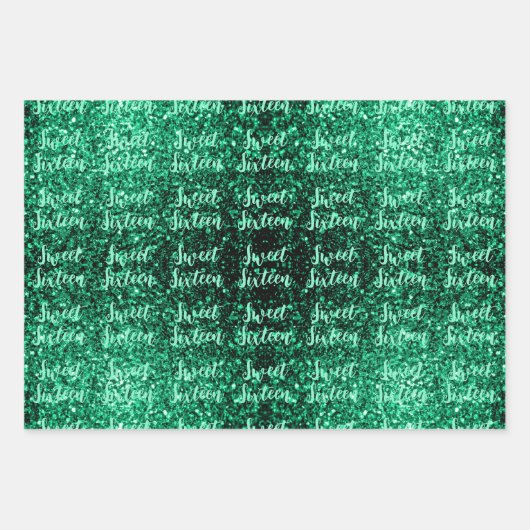 Emerald Green sparkles Sweet 16 script pattern Geschenkpapier Set (Vorderseite)
