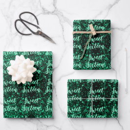 Emerald Green sparkles Sweet 16 script pattern Geschenkpapier Set