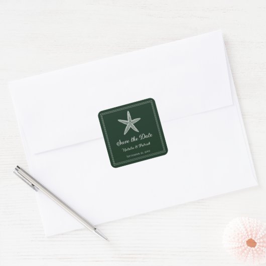 Emerald Green Starfish Save the Date Quadratischer Aufkleber (Umschlag)