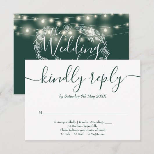 Emerald Green String Lights Floral Wedding RSVP Karte (Vorne/Hinten)