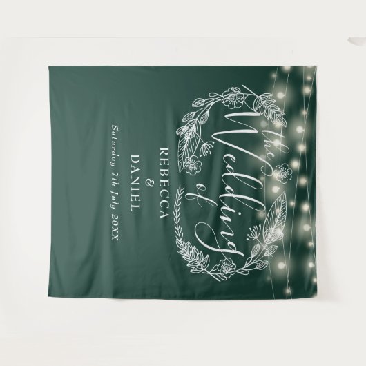 Emerald Green String Lights Hochzeitshintergrund Wandteppich (Vorderseite (Horizontal))