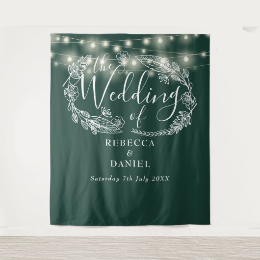 Emerald Green String Lights Hochzeitshintergrund Wandteppich (Vorderseite)