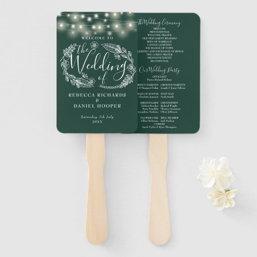 Emerald Green String Lights Hochzeitsprogramm Fächer (Vorne und Hinten)