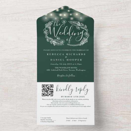 Emerald Green String Lights QR Code Wedding All In One Einladung (Innen Boden)