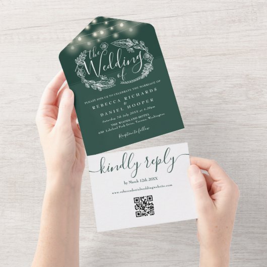 Emerald Green String Lights QR Code Wedding All In One Einladung (Abreißen)