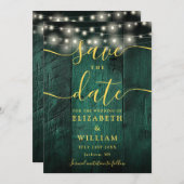 Emerald Green String Lights Rustic Wood Wedding Save The Date (Vorne/Hinten)