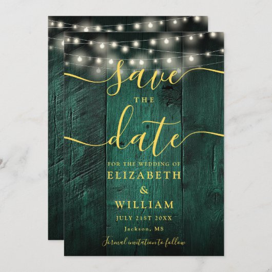 Emerald Green String Lights Rustic Wood Wedding Save The Date (Vorne/Hinten)