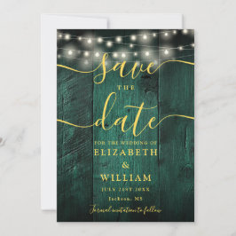 Emerald Green String Lights Rustic Wood Wedding Save The Date