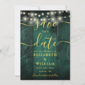 Emerald Green String Lights Wood Foto Wedding Save The Date (Vorderseite)