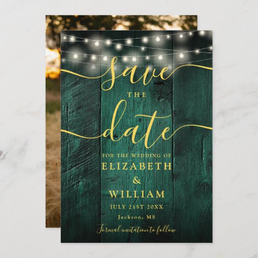 Emerald Green String Lights Wood Foto Wedding Save The Date (Vorne/Hinten)