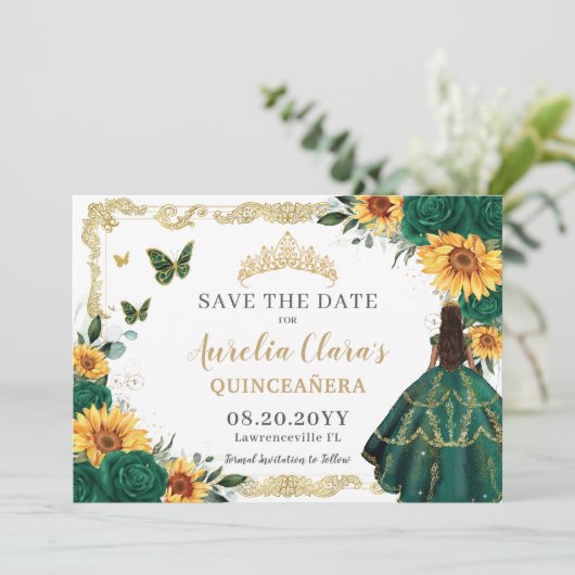 Emerald Green Sunblumen Blütengolden Quinceañera Save The Date (Stehend Vorderseite)