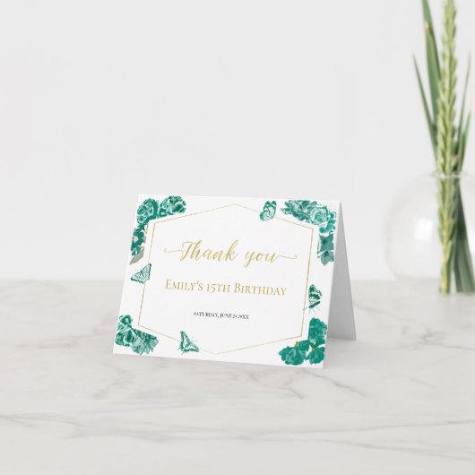 Emerald Green Sweet 16 Quinceanera Bat Mitzvah Dankeskarte (Vorderseite)