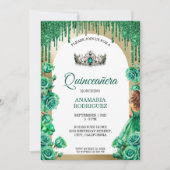 Emerald Green Tiara Quinceañera Rose Blumenbogen Einladung (Vorderseite)