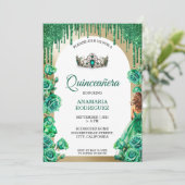 Emerald Green Tiara Quinceañera Rose Blumenbogen Einladung (Stehend Vorderseite)