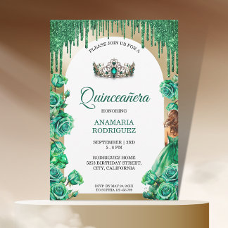 Emerald Green Tiara Quinceañera Rose Blumenbogen Einladung