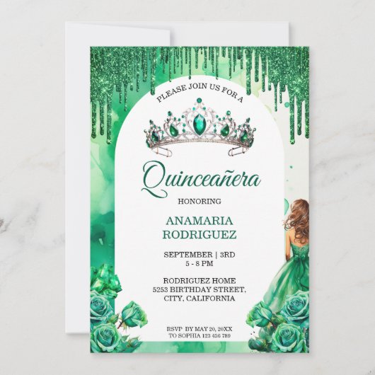 Emerald Green Tiara Quinceañera Rose Blumenbogen Einladung (Vorderseite)