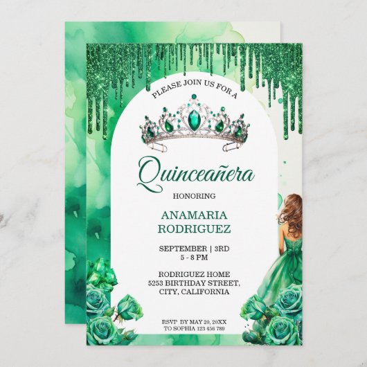 Emerald Green Tiara Quinceañera Rose Blumenbogen Einladung (Vorne/Hinten)