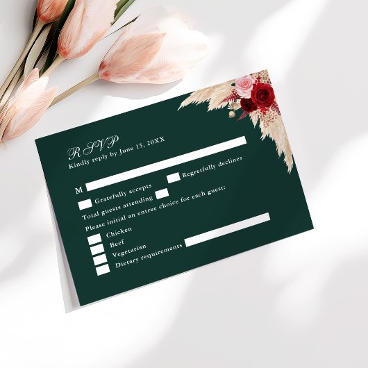 Emerald Green Tropical Rose Wedding RSVP Card Dankeskarte