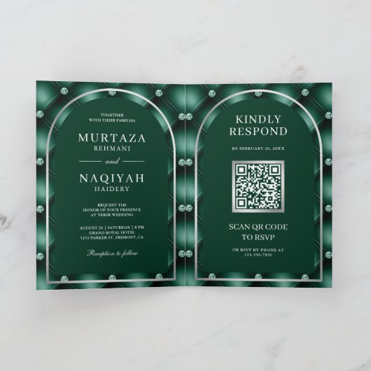Emerald Green Tufted QR Code Muslim Wedding Einladung (Innenseite)