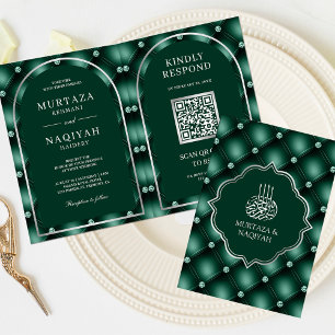 Emerald Green Tufted QR Code Muslim Wedding Einladung