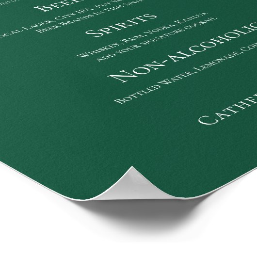 Emerald Green Typografy Forest Wedding Bar Menu Poster (Ecke)