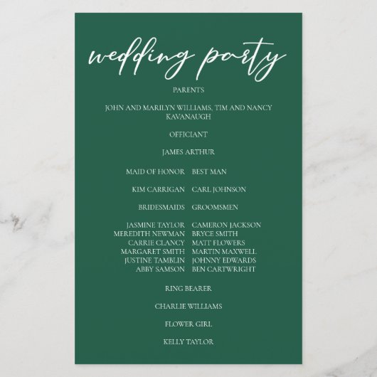 Emerald Green Typografy Forest Wedding Program (Rückseite)