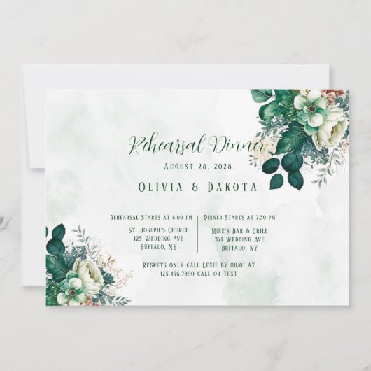 Emerald Green und Cream Florals Probe Dinner Einladung (Vorderseite)