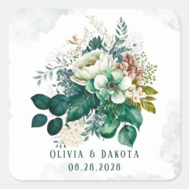 Emerald Green und Cream Florals Wedding Quadratischer Aufkleber