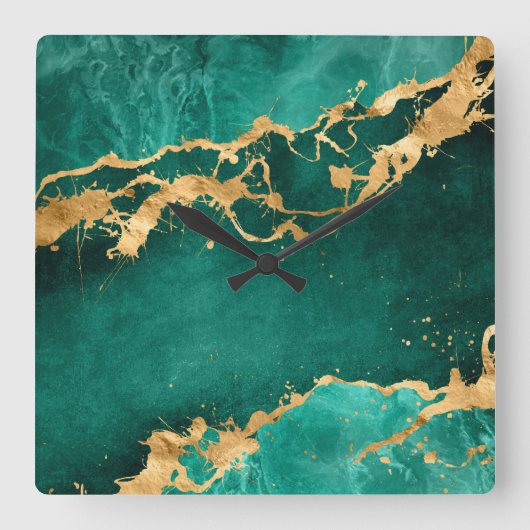 Emerald Green und Gold abstrakt Quadratische Wanduhr (Vorderseite)