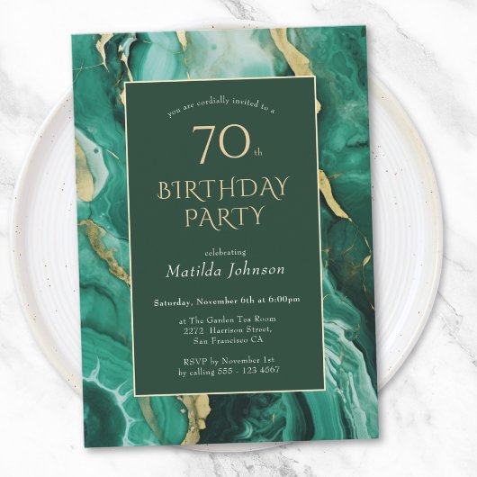Emerald Green und Gold Agate 70. Geburtstag Einladung