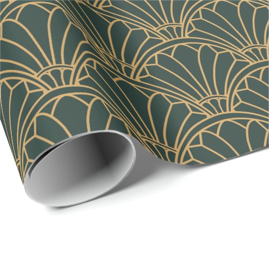 Emerald Green und Gold Art Deco Fan Blume Motif Geschenkpapier (Rolleneckpunkt)
