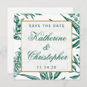Emerald Green und Gold Botanical Save the Date (Vorne/Hinten)