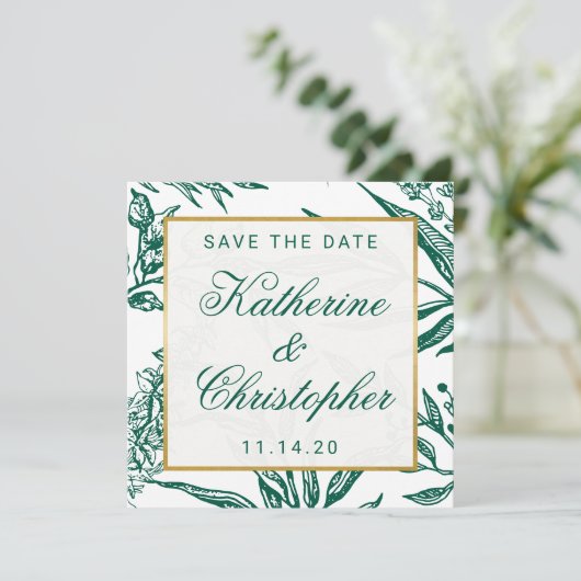 Emerald Green und Gold Botanical Save the Date (Stehend Vorderseite)