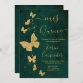 Emerald Green und Gold Butterfly Quinceanera Einladung (Vorne/Hinten)