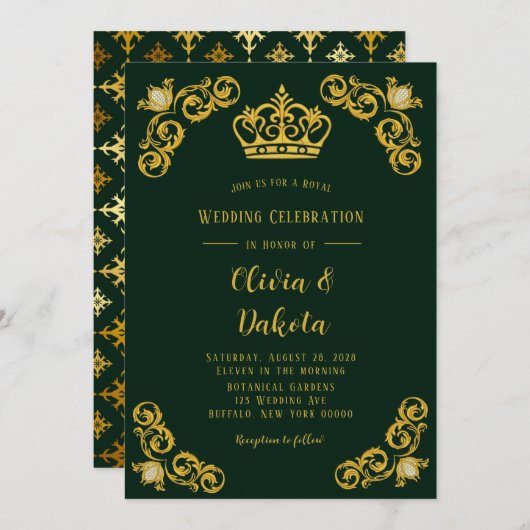 Emerald Green und Gold Damask Royal Wedding Einladung (Vorne/Hinten)