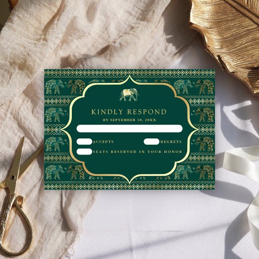 Emerald Green und Gold Elephant Indian Wedding RSVP Karte
