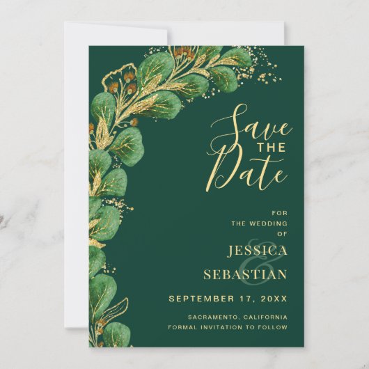 Emerald Green und Gold Eucalyptus Elegant Save The Date (Vorderseite)