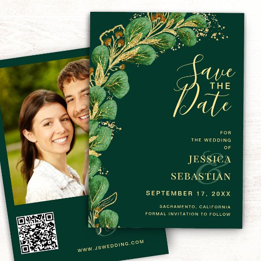 Emerald Green und Gold Eucalyptus Elegant Save The Date
